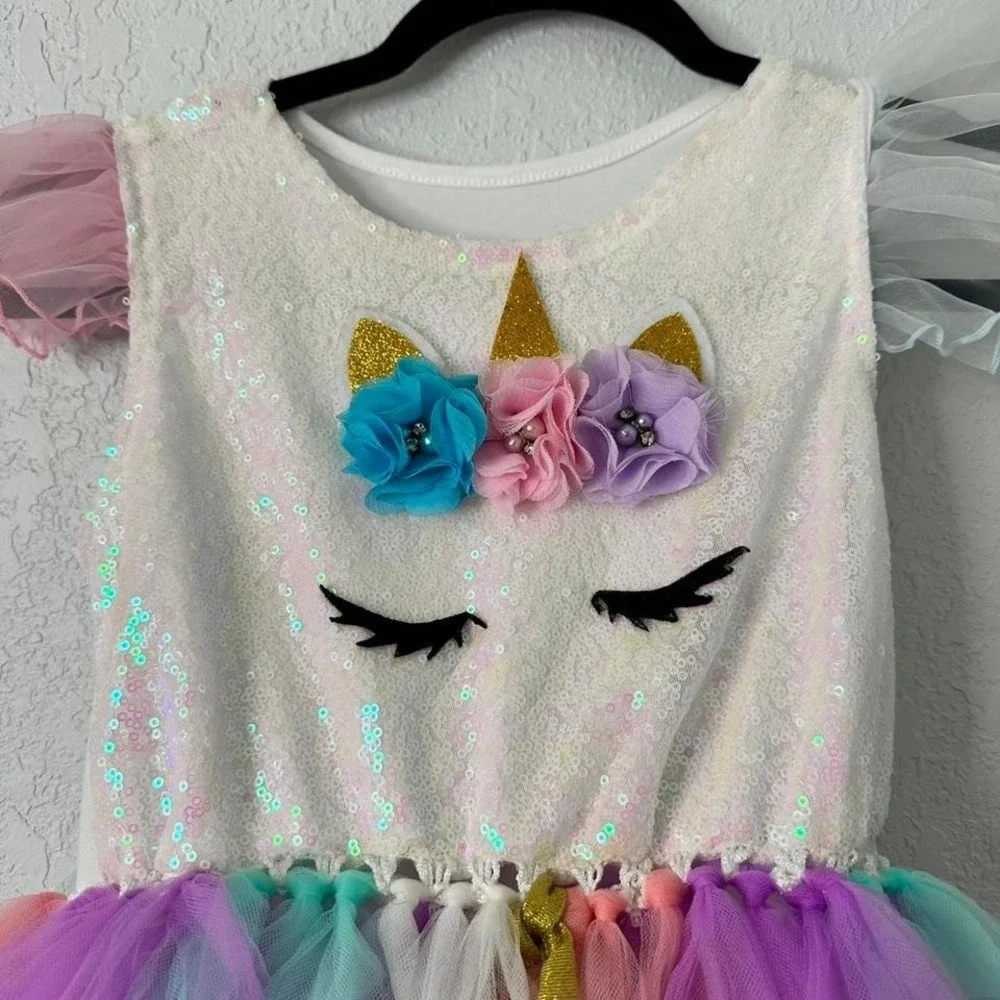Girls Unicorn dress with sequins tulle ruffles tutu costume‎ large